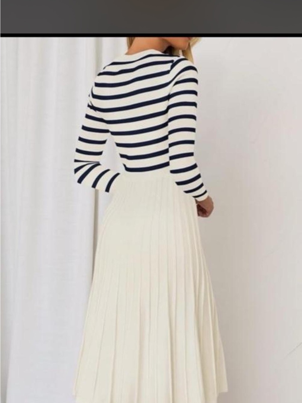 Striped Navy & White Pleated Midi Dress - Picture 3 of 4